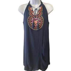 THML Boho Embroidered Women’s Navy Blue Sleeveless Tunic Size MP